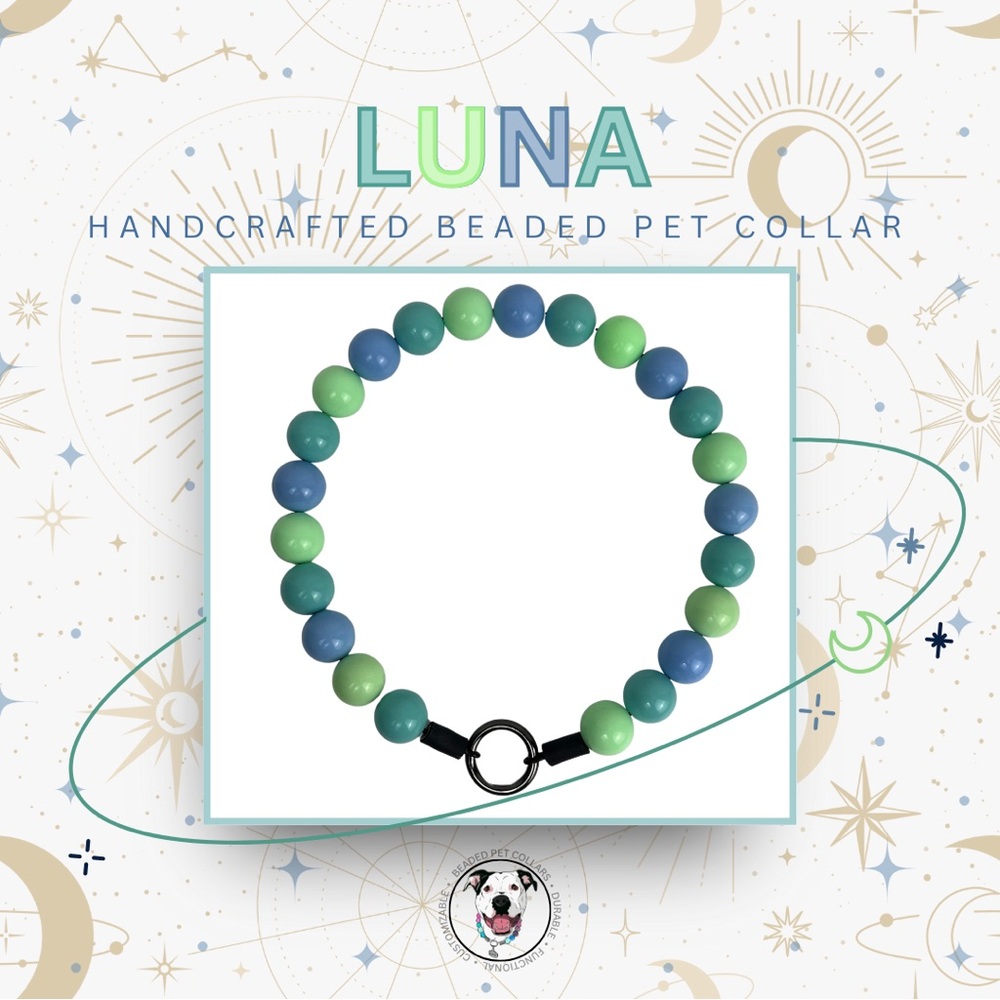 Handcrafted Beaded Dog Collar - Luna - Teal and Green Collar
